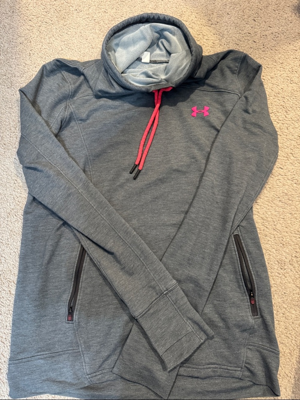 Under Armour Charcoal Gray Pullover Hoodie with Pink Logo and Drawcord